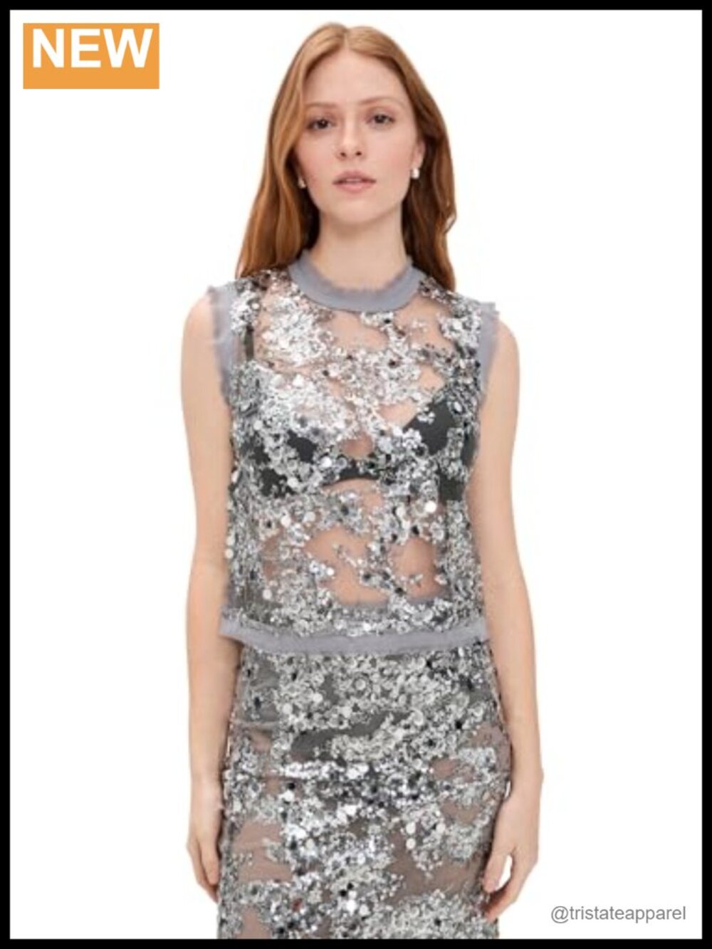 Sequin Sleeveless Blouse Sheer Straight Fit